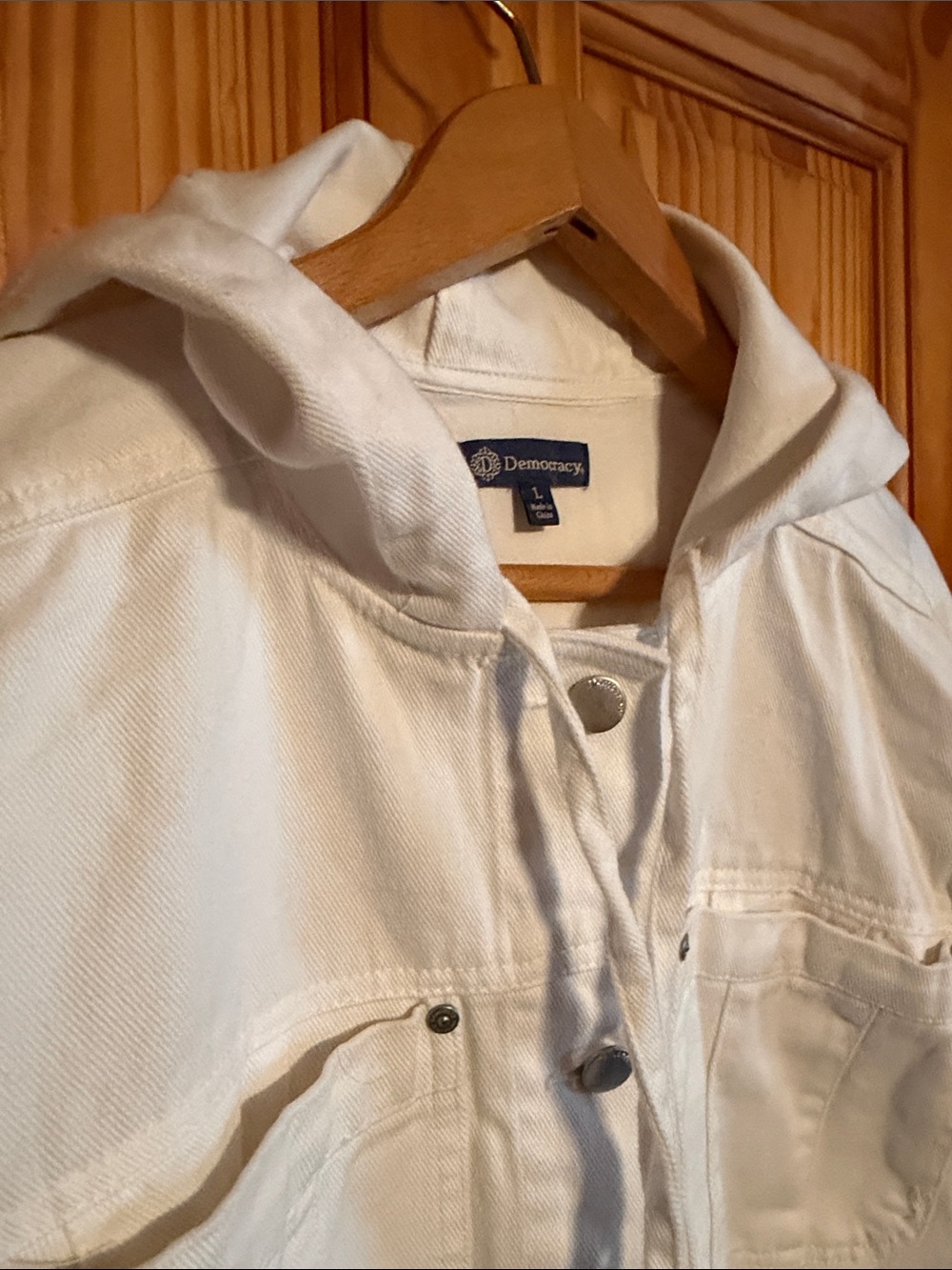 Democracy White Hooded Denim Jacket with Snap Front - Picture 3 of 7